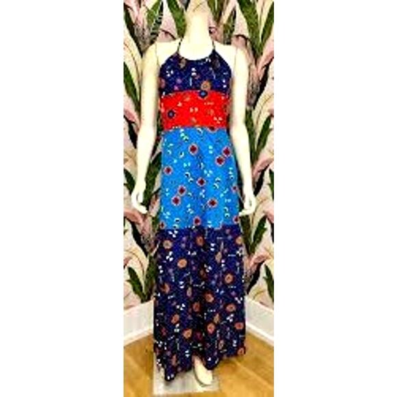 The Red Eye Spaghetti Strap Halter Colorful Patchwork Maxi Sundress Size 5 - Picture 3 of 12